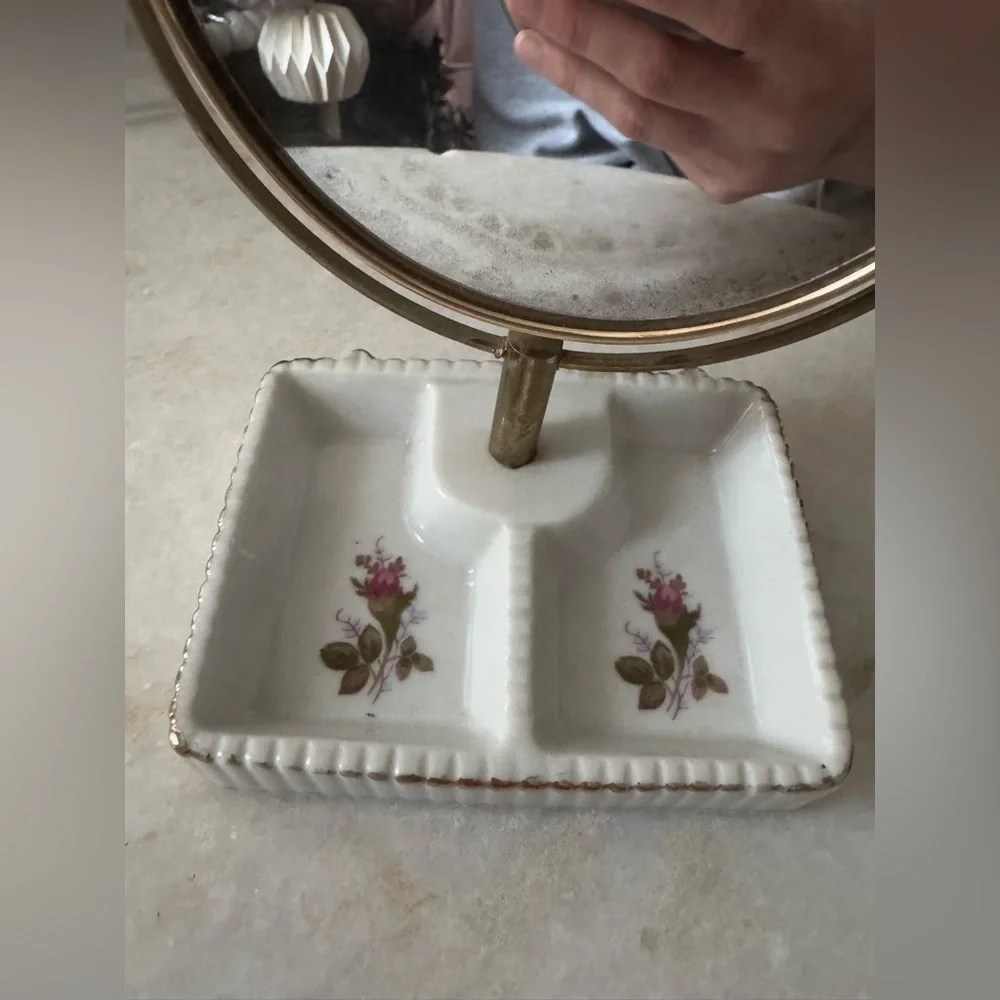 vintage porcelain vanity mirror and jar set
